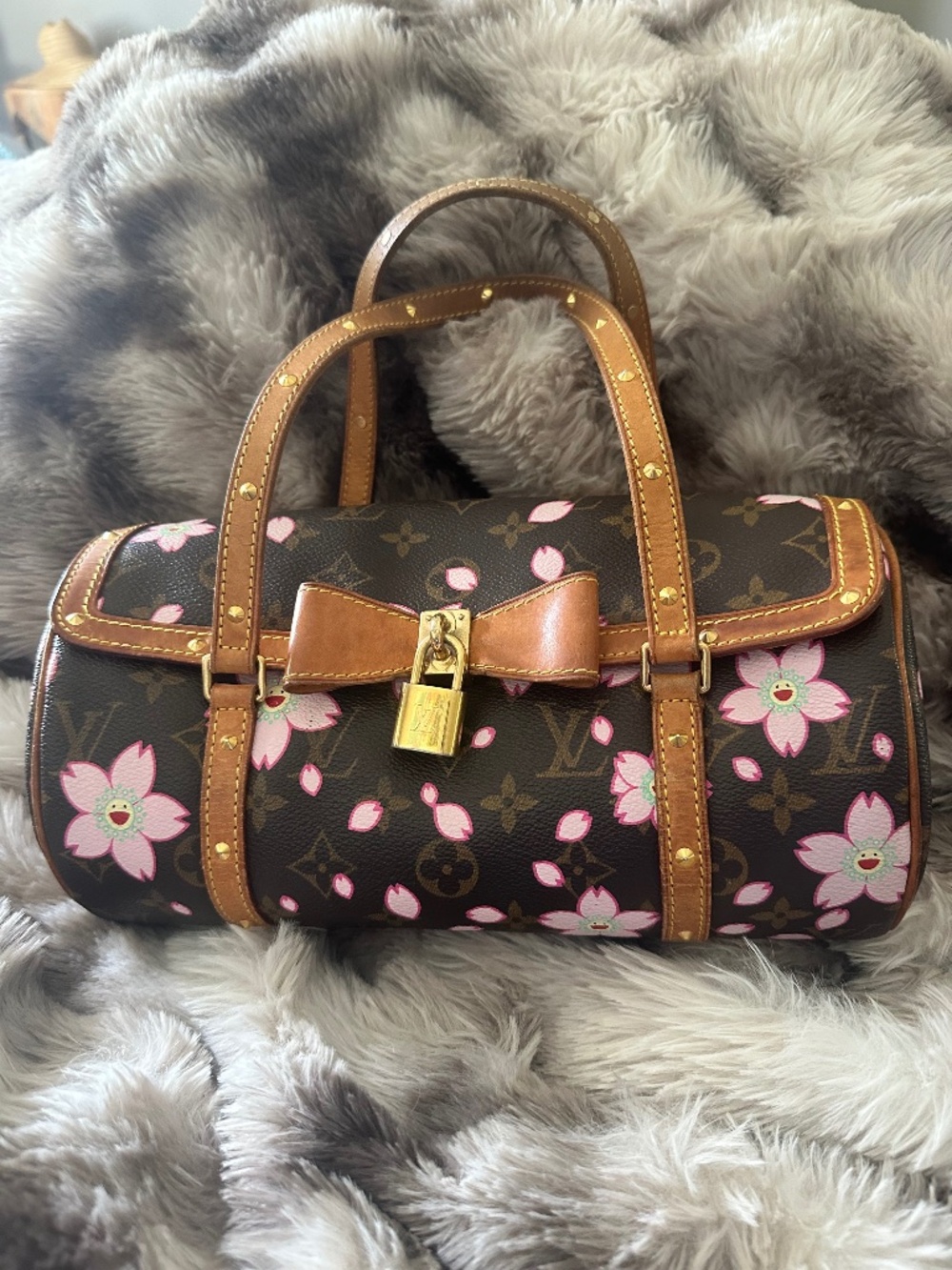 LOUIS VUITTON Monogram Cherry Blossom Papillon Handbag Takashi Murakami Flowers